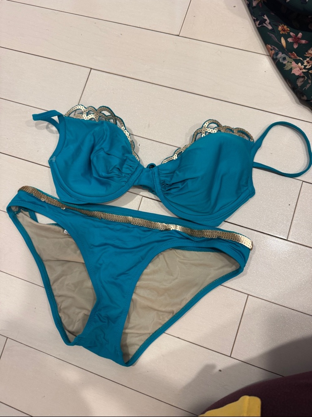 La Perla Teal Bikini Set with Gold Sequin Trim